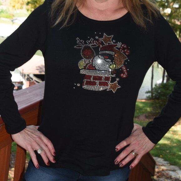 Christmas Santa & Reindeer   rhinestone  long Sleeve Shirt S M L XL XXL 1X… - Picture 4 of 7